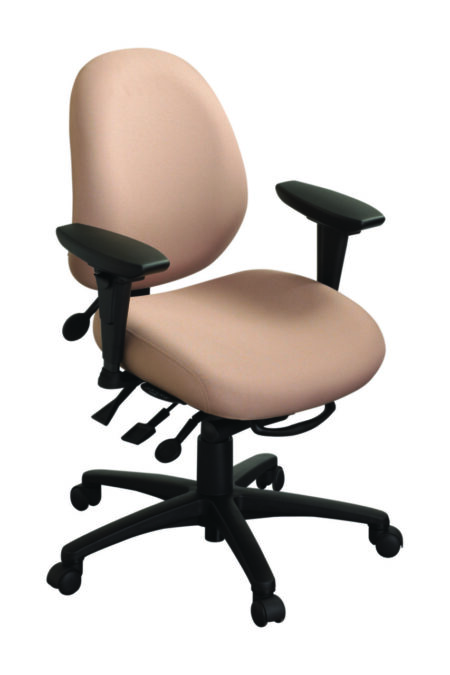 geoCentric Mid Back office chair from ergoCentric. Beige. Equipped with Synchro Glide Mechanism, 3" Height Adjustable Oval Tube Adjustable T-Arms, Black Base, Arms, and Casters.