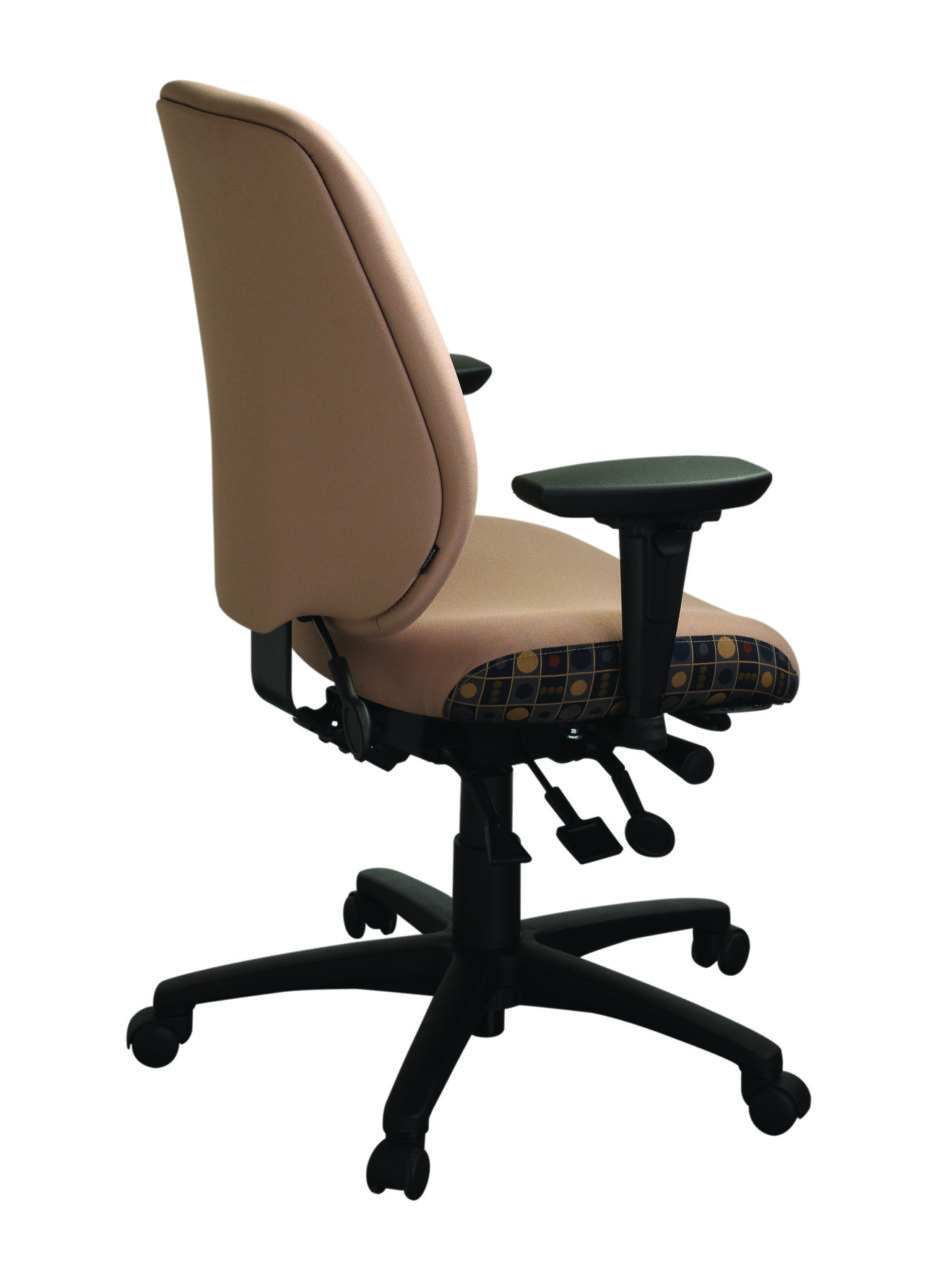 geoCentric Tall Back office chair from ergoCentric. Beige. Equipped with Multi Tilt Mechanism, Oval Tube Adjustable T-Arms, Black Base, Arms, and Casters.