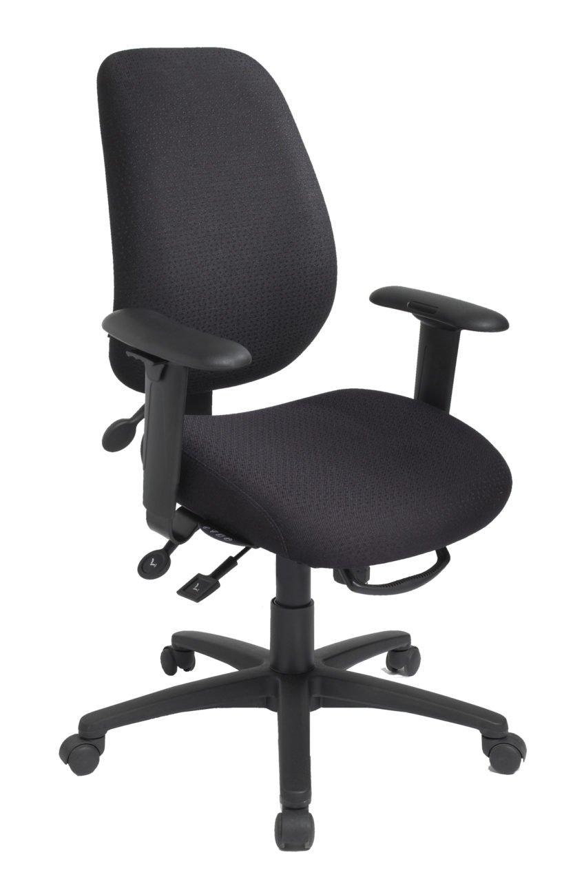 geoCentric Tall Back office chair from ergoCentric. Beige. Equipped with Multi Tilt Mechanism, Oval Tube Adjustable T-Arms, Black Base, Arms, and Casters.